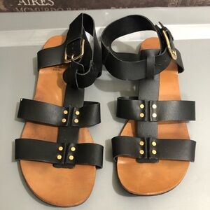 Victor Leather Black Gold Buckle Sandals. Size 8.5.